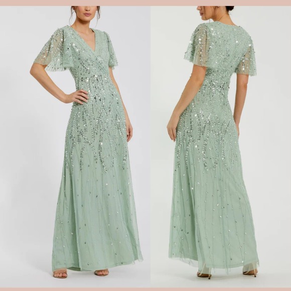 NWT Mac Duggal [ 8 ] 35109 Beaded Wrap Over Butterfly Sleeve‎ Column Gown J1622 - Picture 2 of 15
